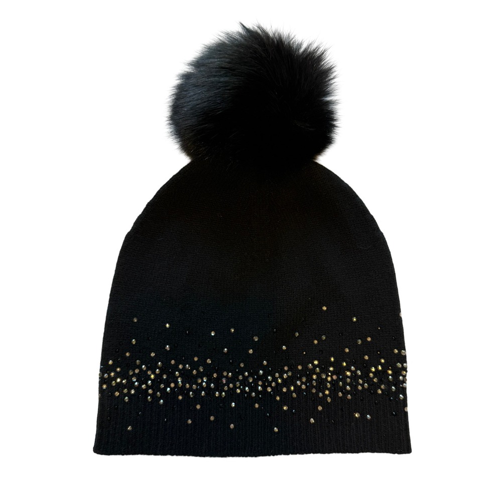 Sofia Cashmere Beanie Womens Black Crystal Rhinestone Real Fox Fur Pom